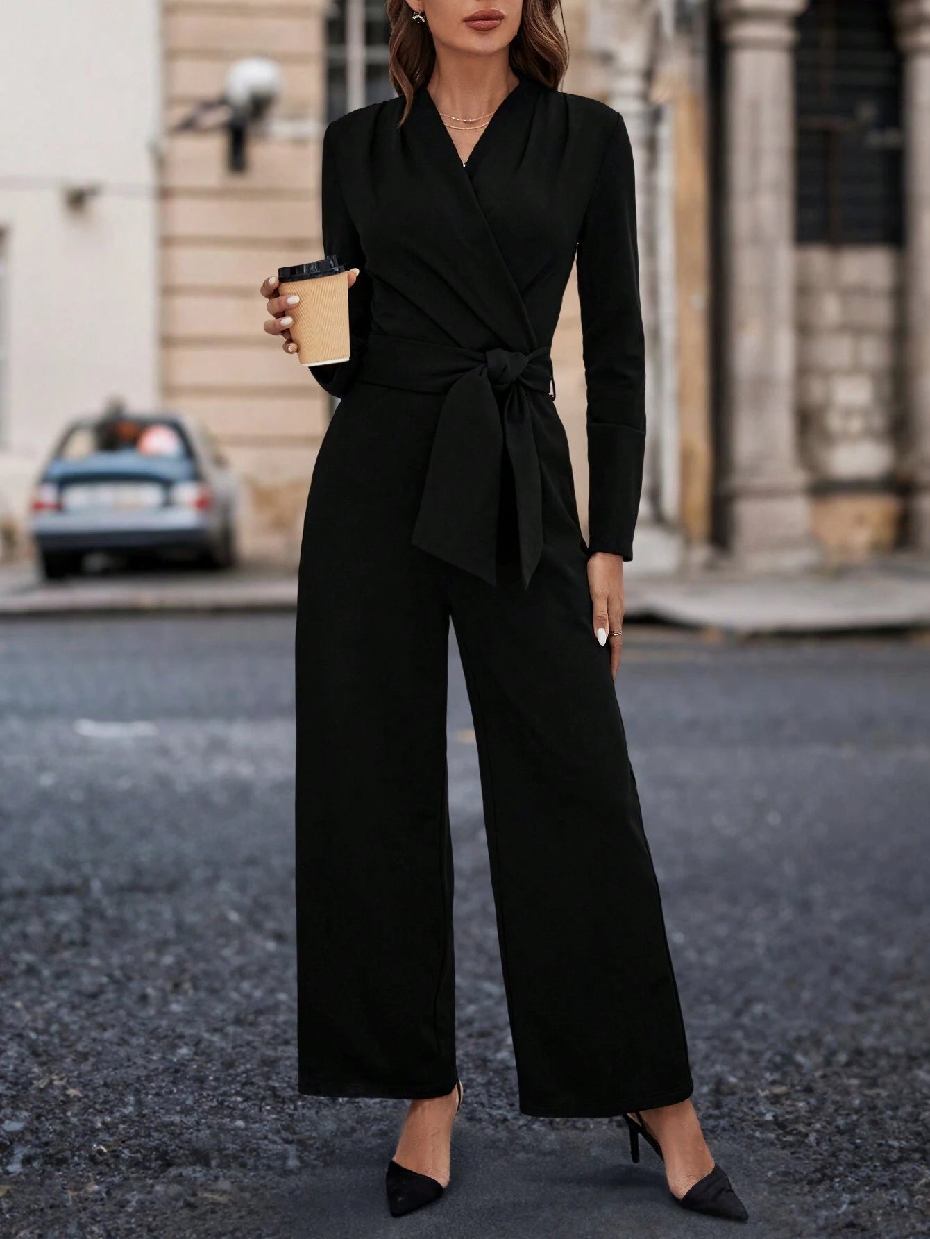 SHEIN Clasi Solid Slant Pocket Belted Jumpsuit