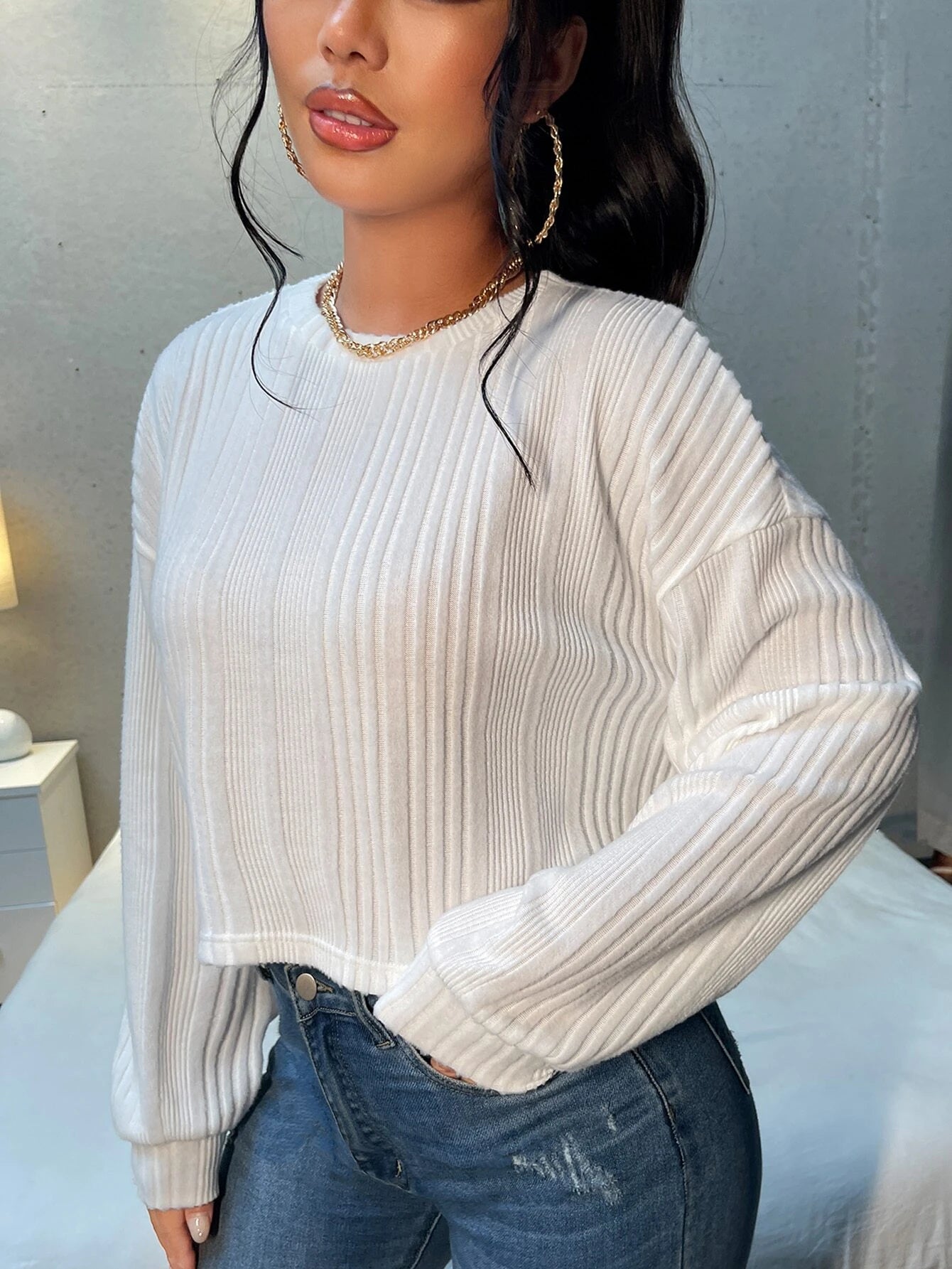 SHEIN Essnce Drop Shoulder Rib-knit Crop Tee