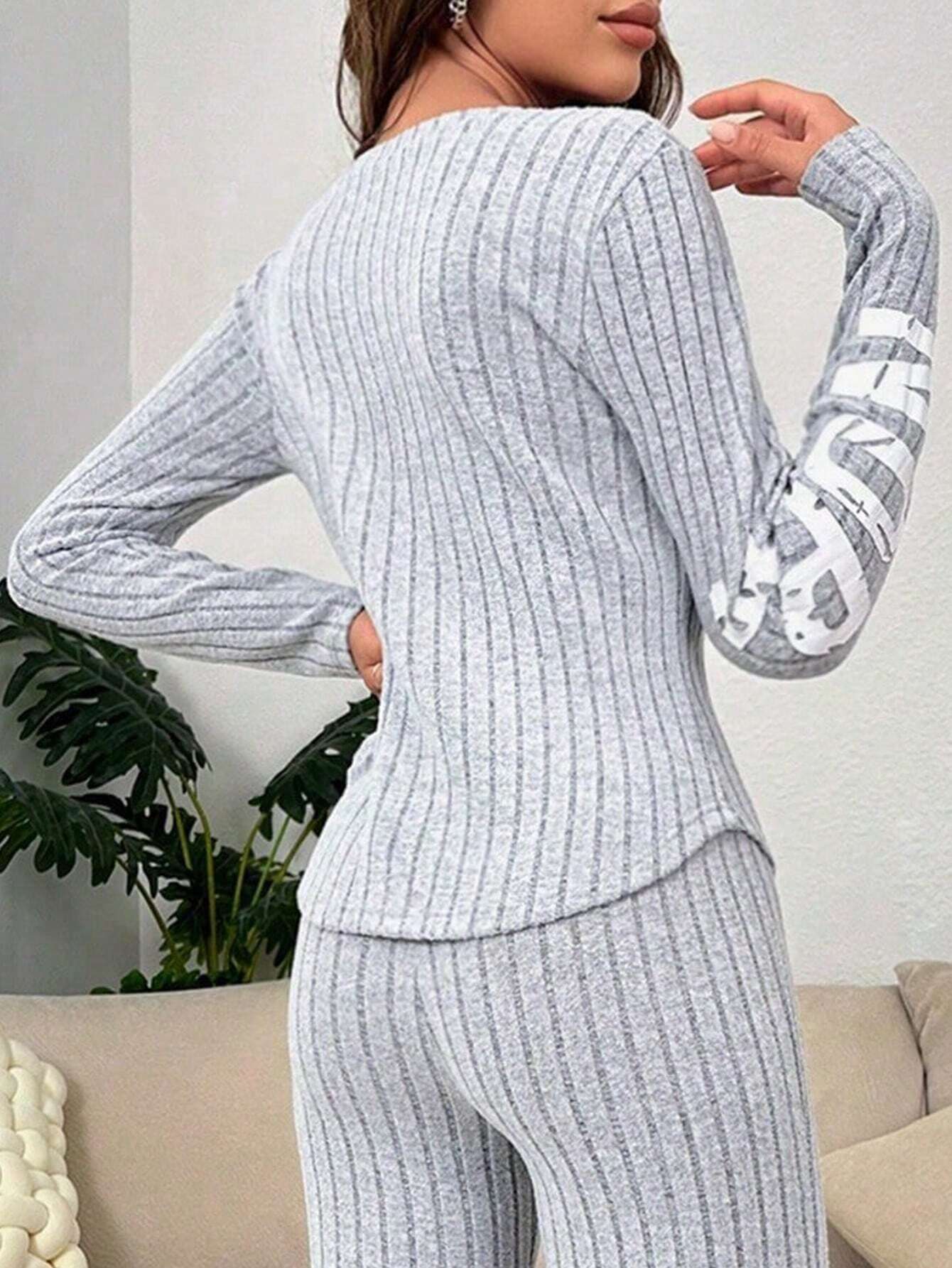 Women's Letter Printed Knit Ribbed Long Sleeve Lounge Top