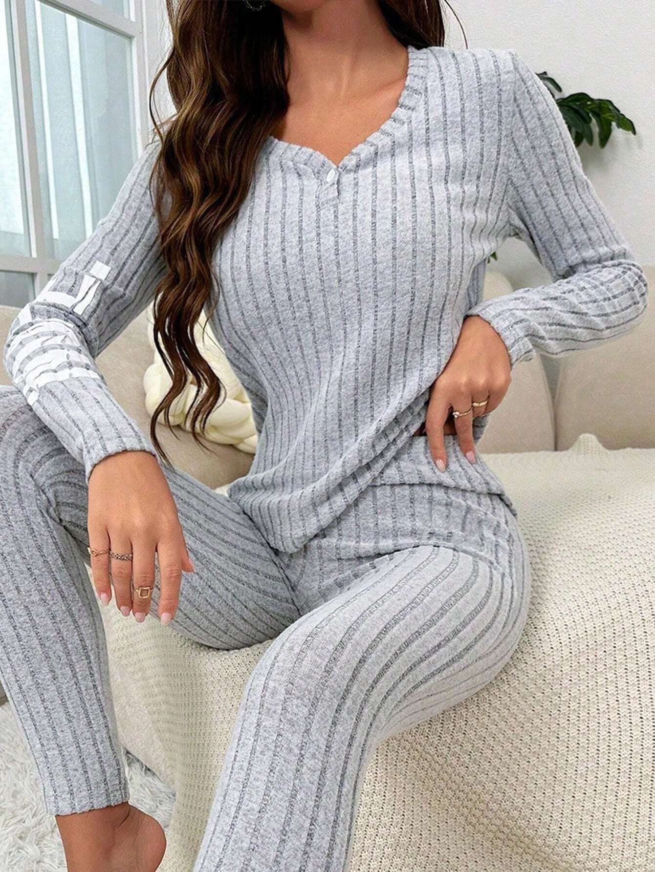 Women's Letter Printed Knit Ribbed Long Sleeve Lounge Top