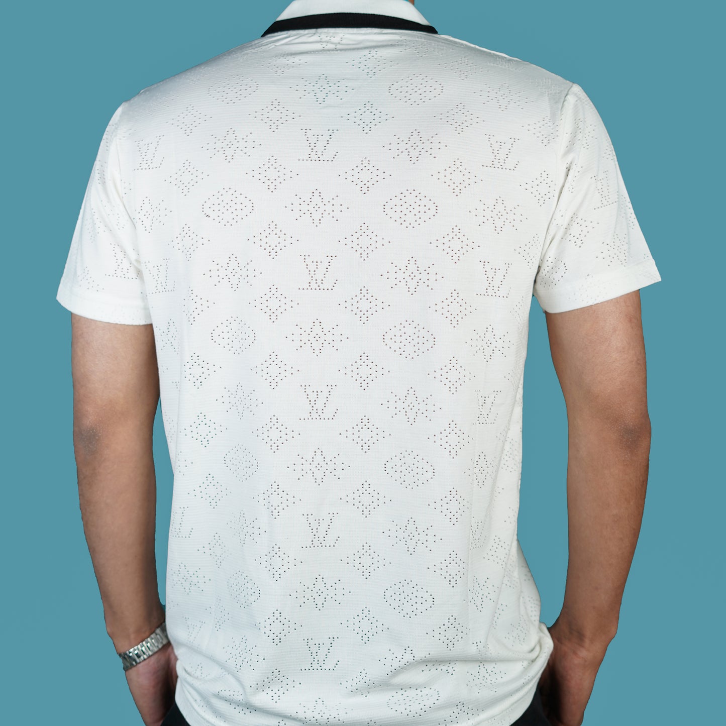 Men’s White Designer Polo Shirt with Perforated Pattern