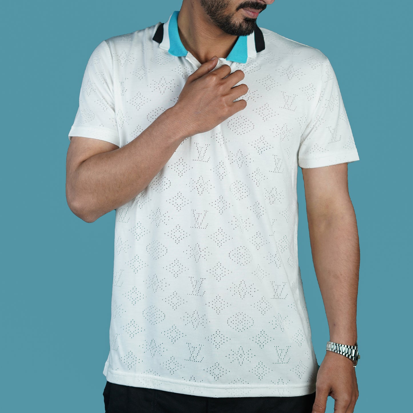 Men’s White Designer Polo Shirt with Perforated Pattern