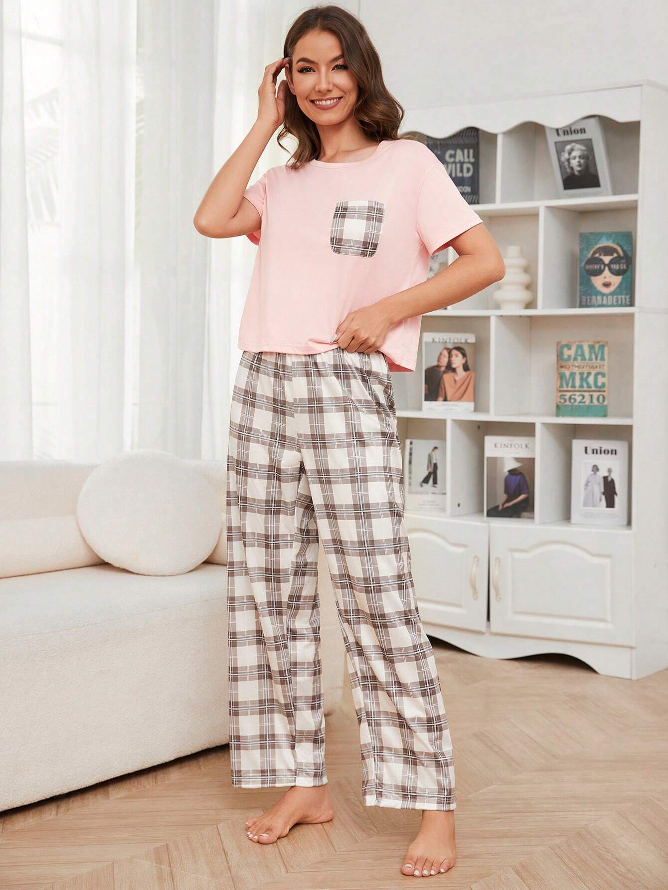 Ladies' Plaid Printed Short Sleeve T-Shirt And Long Pants Pajama Set Loungewear