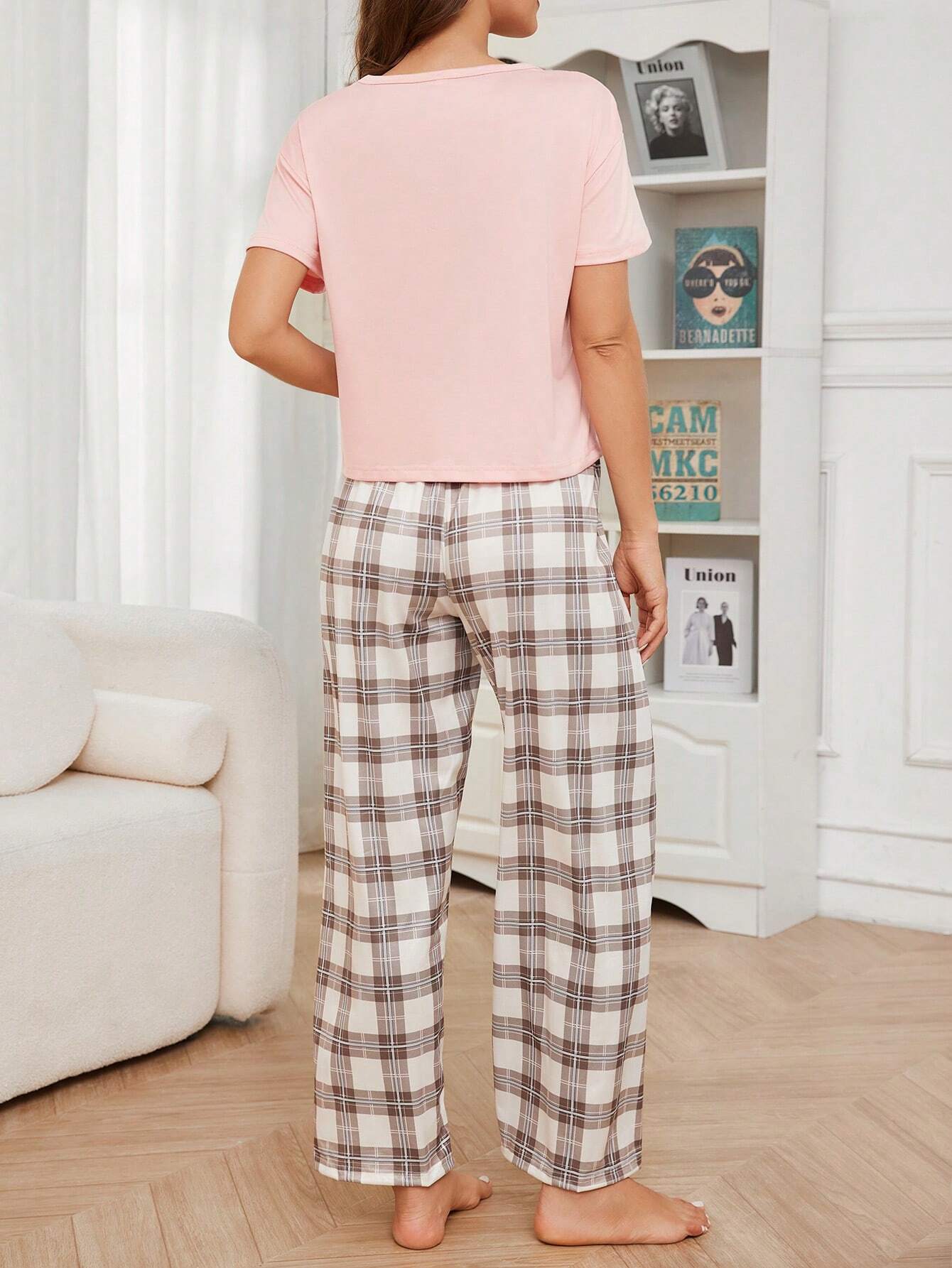 Ladies' Plaid Printed Short Sleeve T-Shirt And Long Pants Pajama Set Loungewear