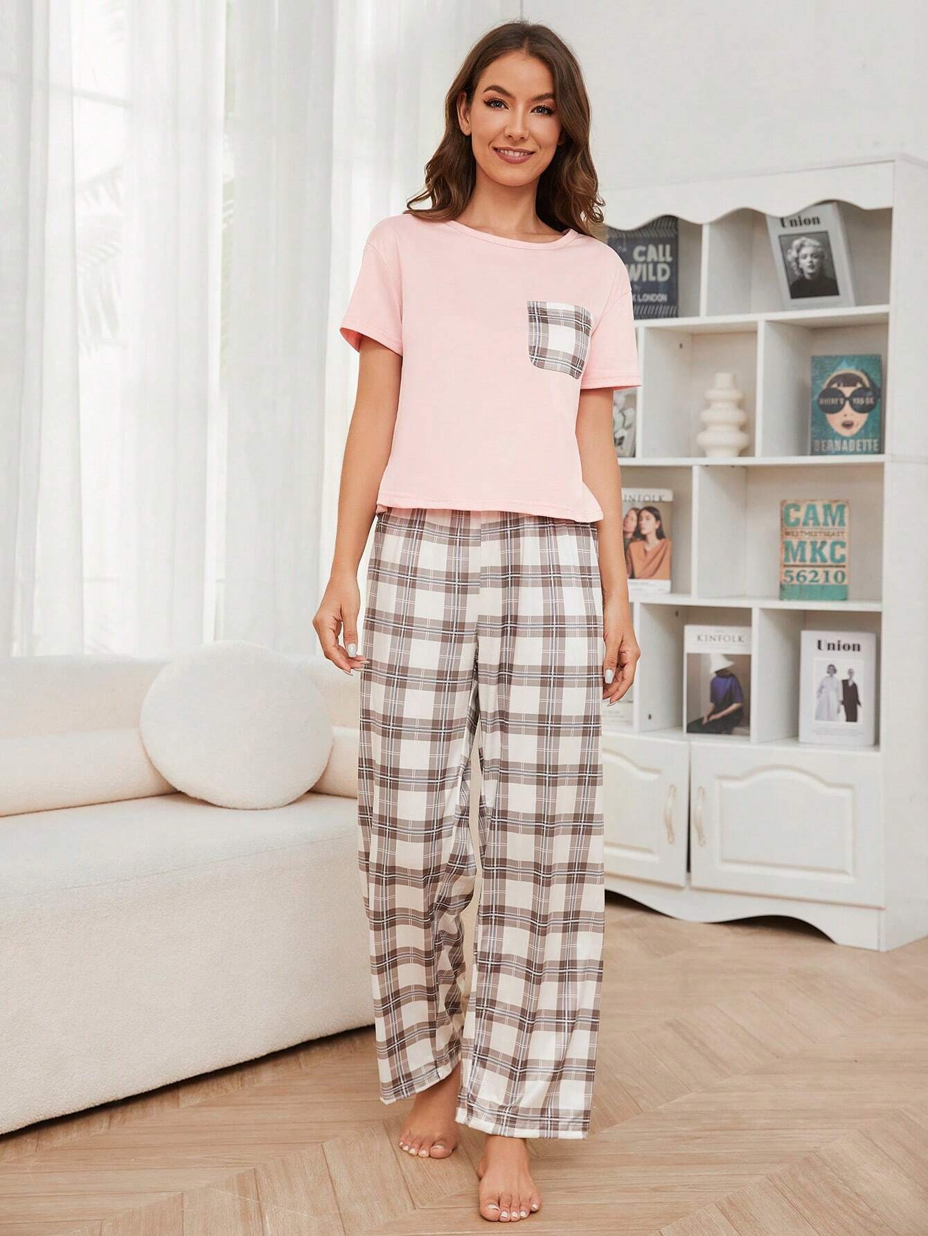 Ladies' Plaid Printed Short Sleeve T-Shirt And Long Pants Pajama Set Loungewear