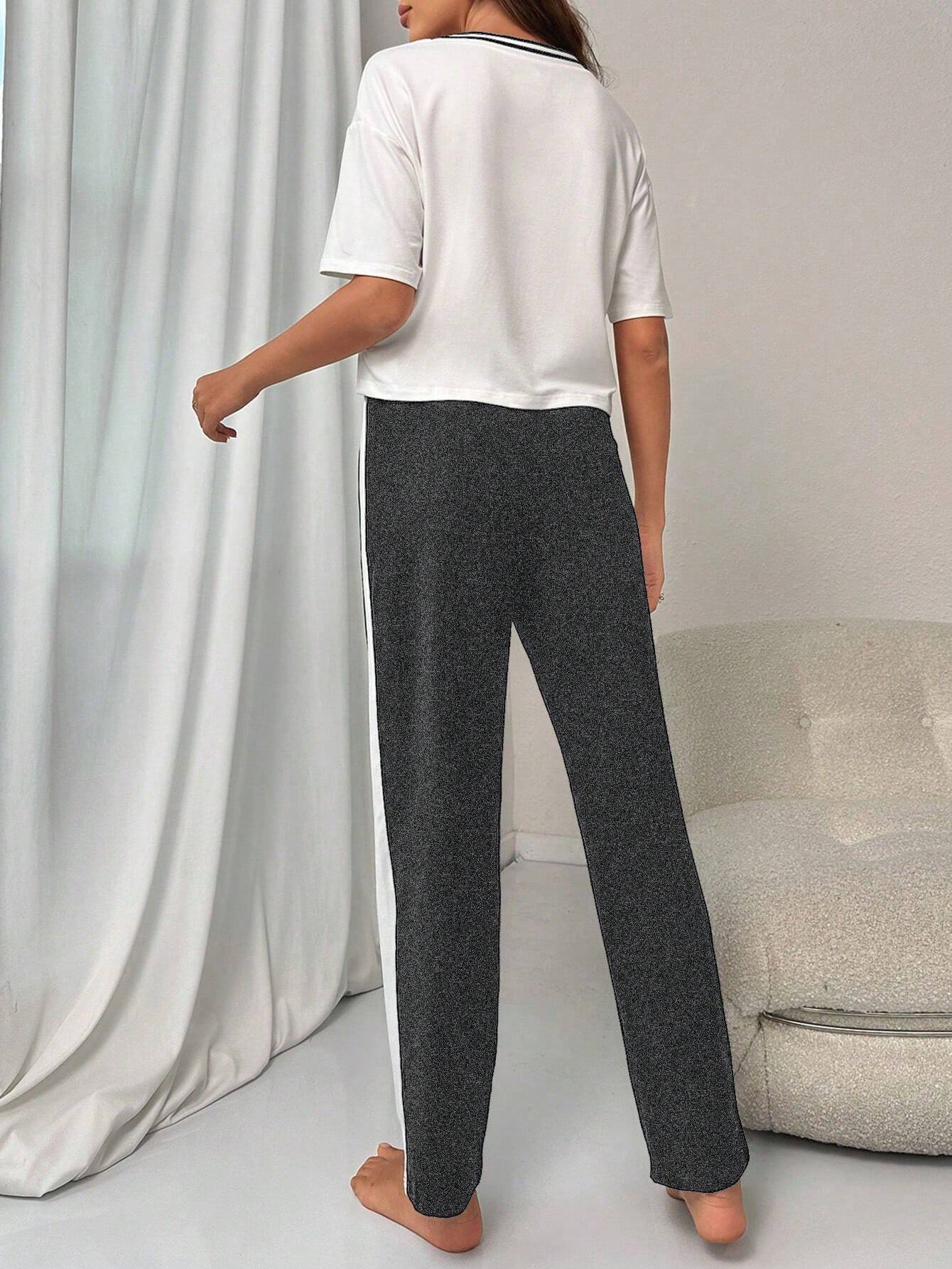Letter Graphic Striped Trim PJ Set / Pajama Set Shein Loungewear