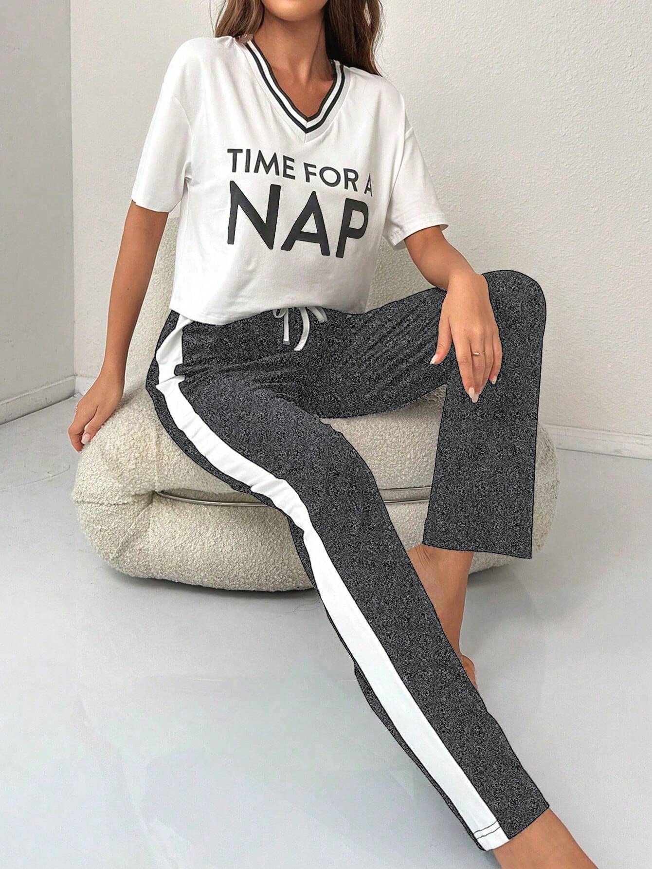 Letter Graphic Striped Trim PJ Set / Pajama Set Shein Loungewear