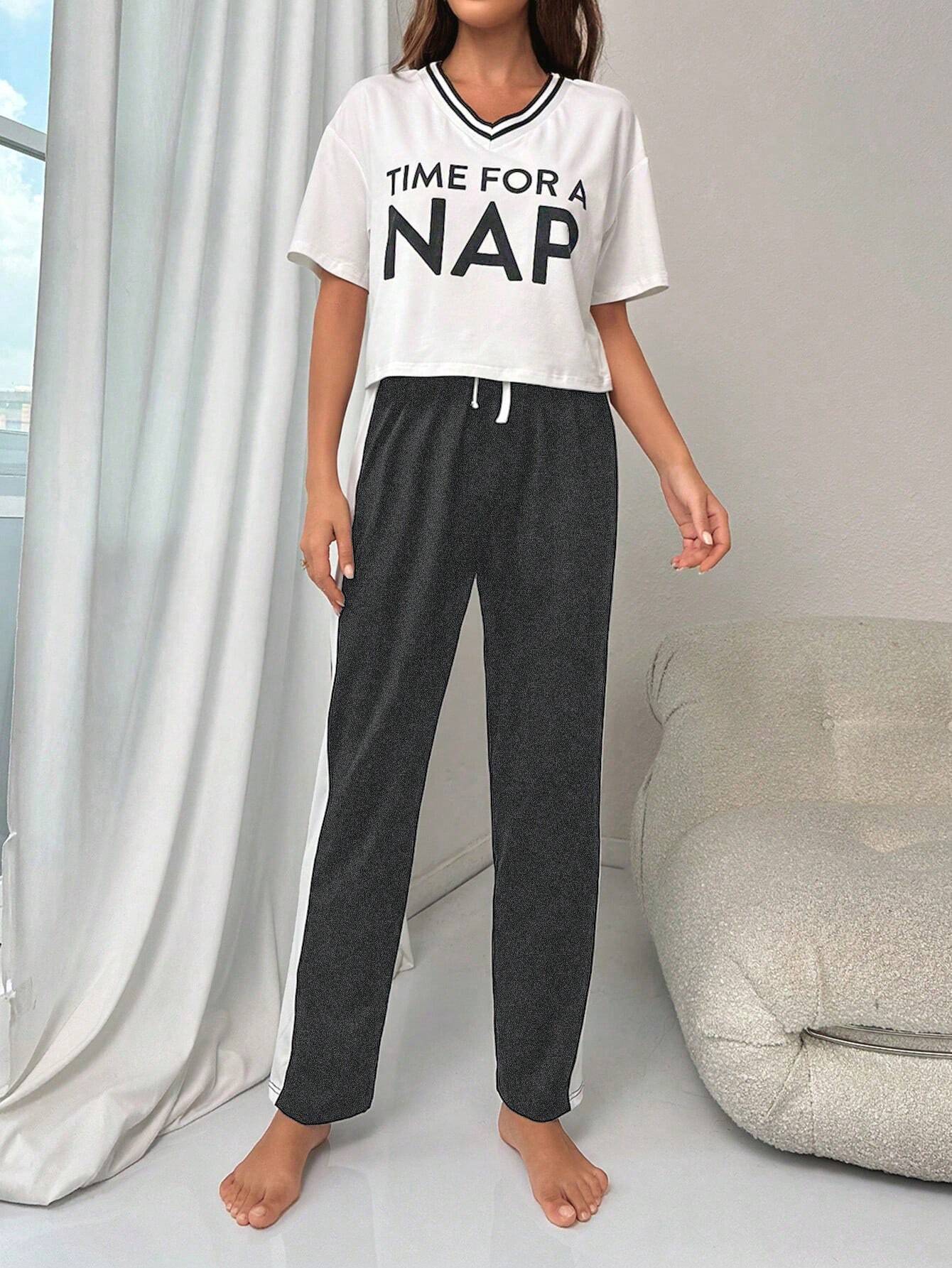 Letter Graphic Striped Trim PJ Set / Pajama Set Shein Loungewear
