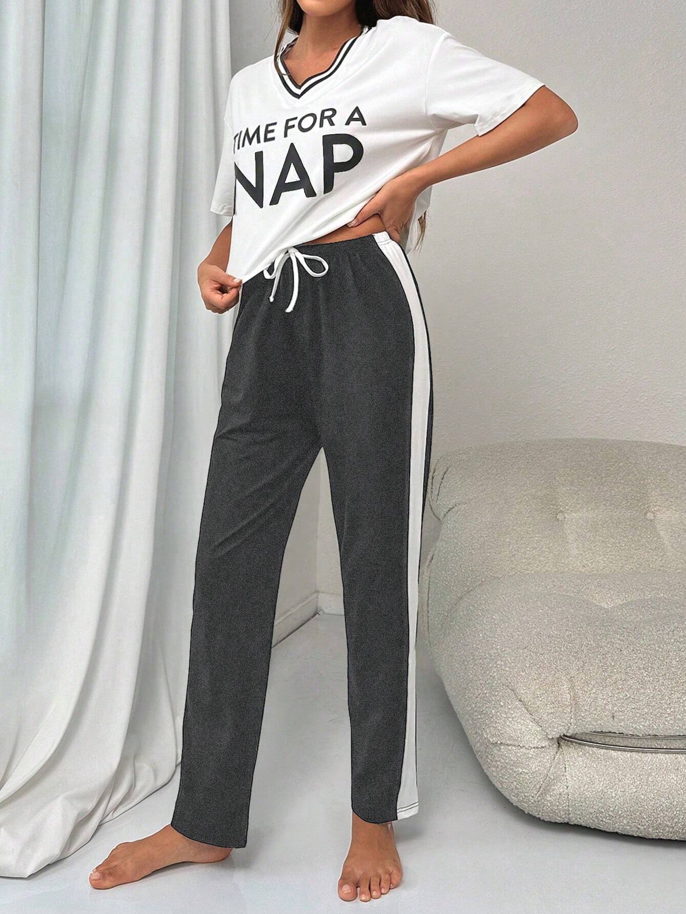 Letter Graphic Striped Trim PJ Set / Pajama Set Shein Loungewear