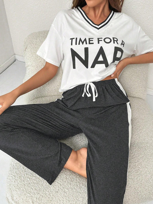 Letter Graphic Striped Trim PJ Set / Pajama Set Shein Loungewear