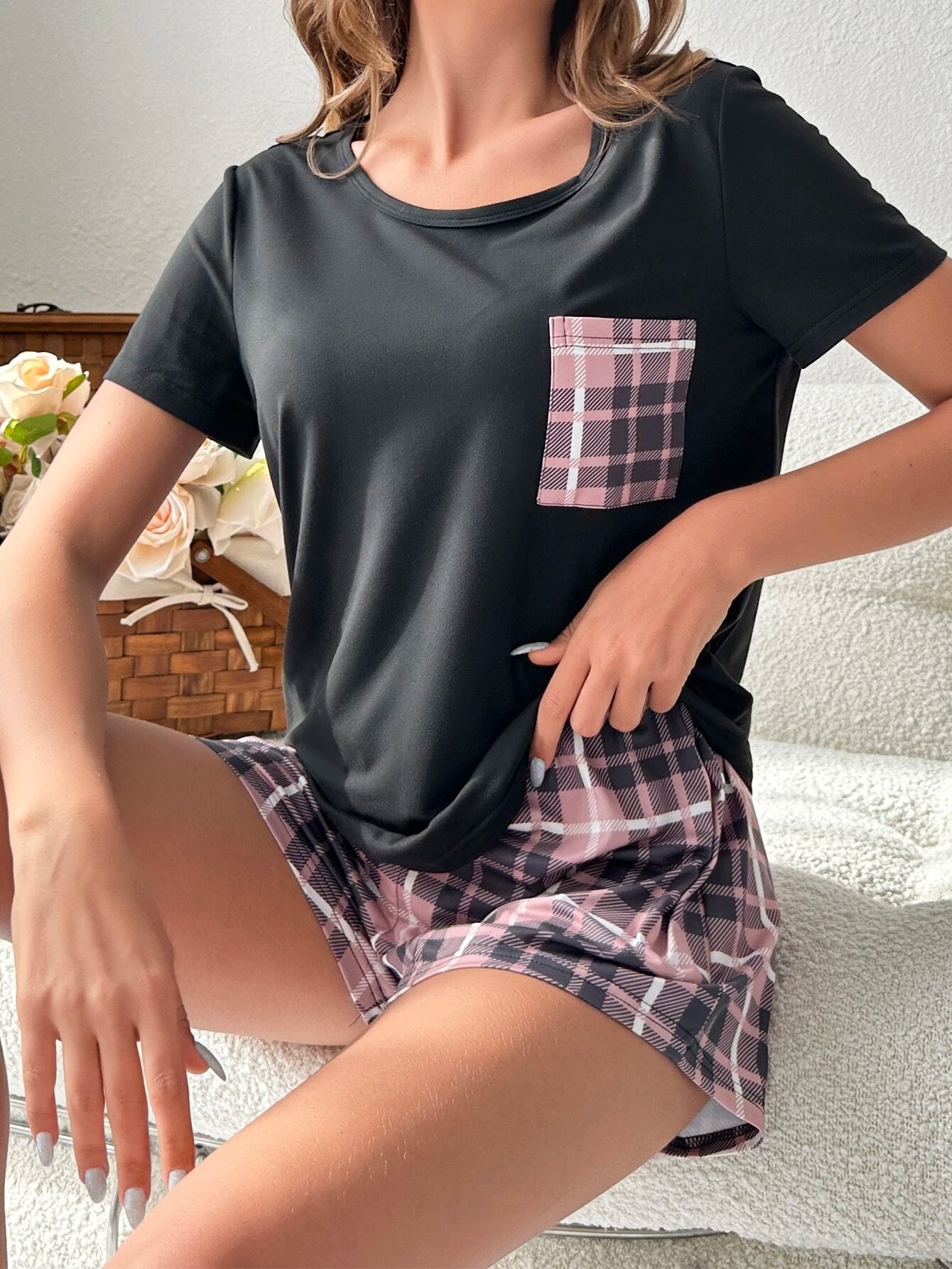 Plaid Patched Pocket PJ Set / Pajama Set Loungewear