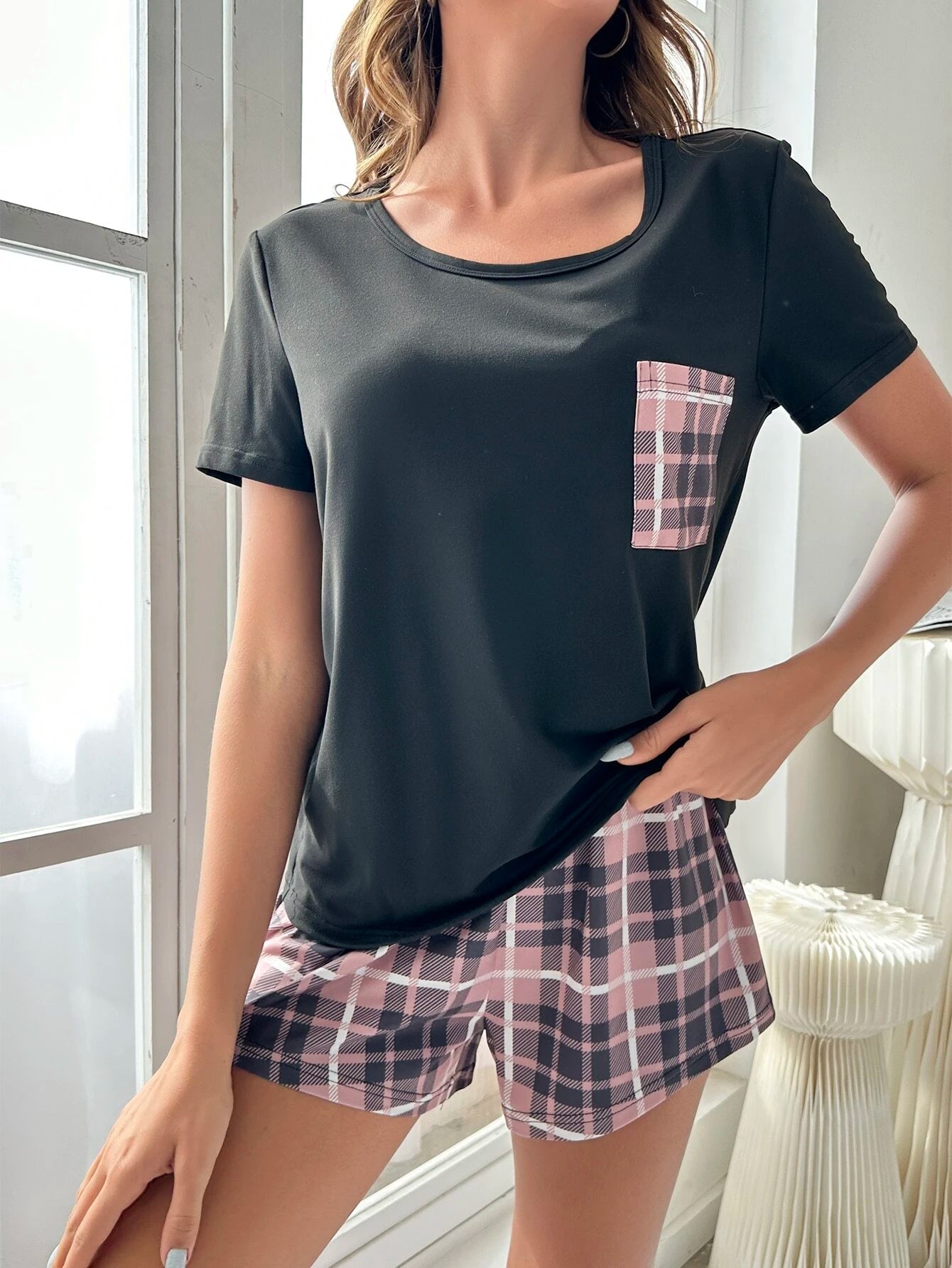 Plaid Patched Pocket PJ Set / Pajama Set Loungewear