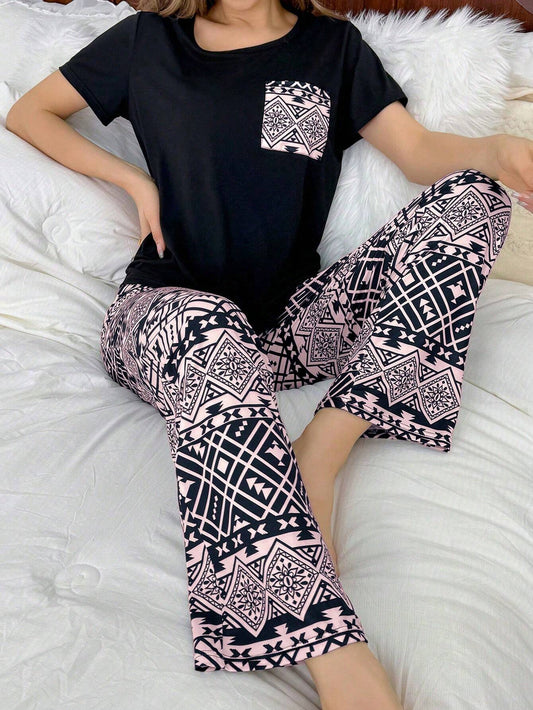 Retro Print Patch Pocket Short Sleeve And Long Pants Pajama Set Loungewear