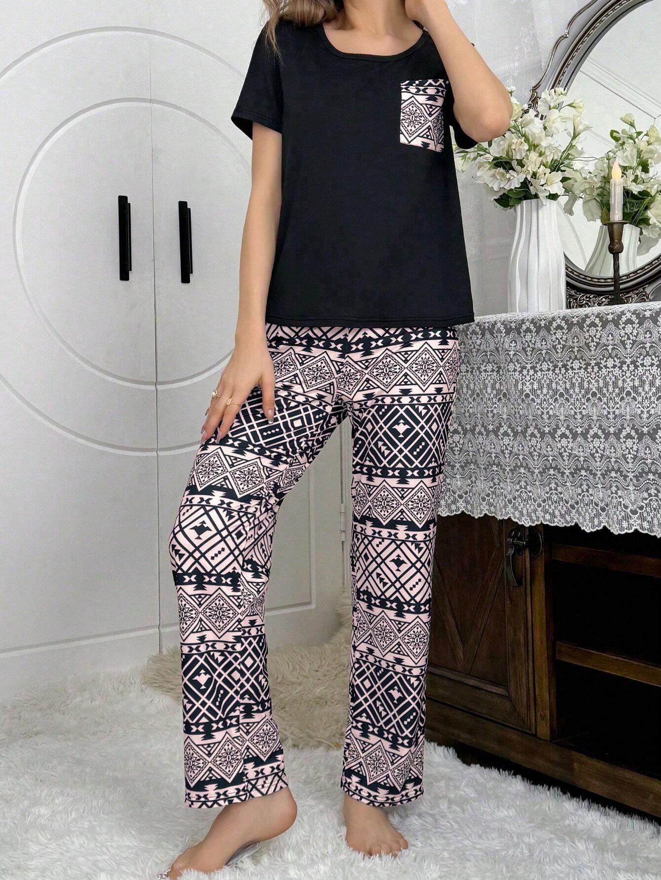 Retro Print Patch Pocket Short Sleeve And Long Pants Pajama Set Loungewear