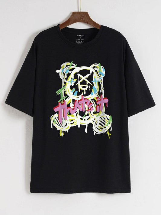 SHEIN EZwear Bear & Slogan Graphic Drop Shoulder Tee That's It