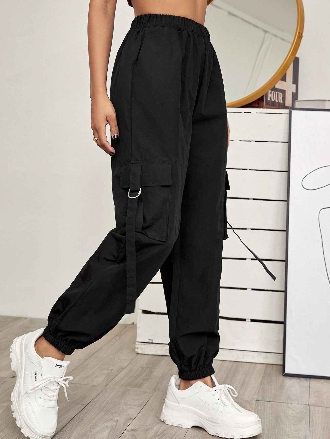 SHEIN EZwear Side Flap Pocket Tape Panel Cargo Pants
