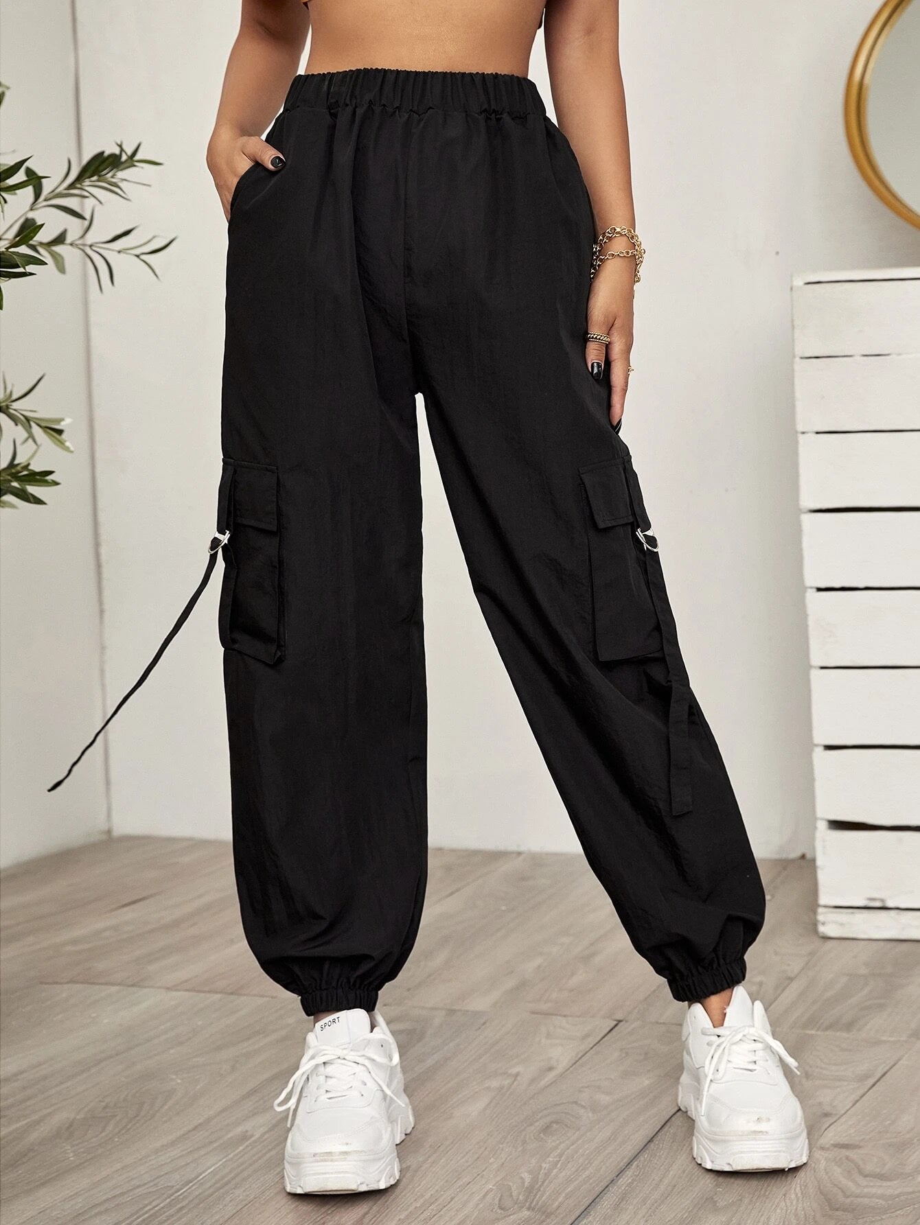 SHEIN EZwear Side Flap Pocket Tape Panel Cargo Pants