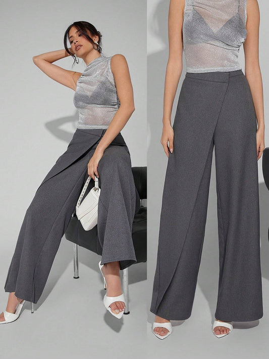 SHEIN Haute High Waist Wrap Hem Wide Leg Pants
