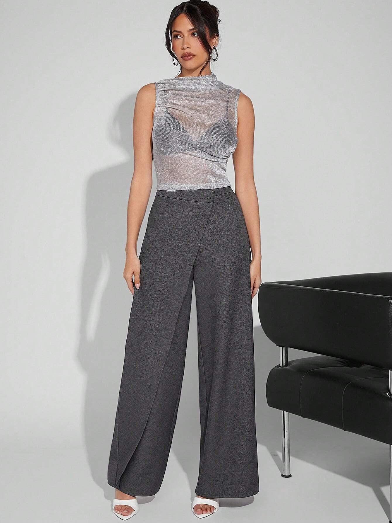 SHEIN Haute High Waist Wrap Hem Wide Leg Pants