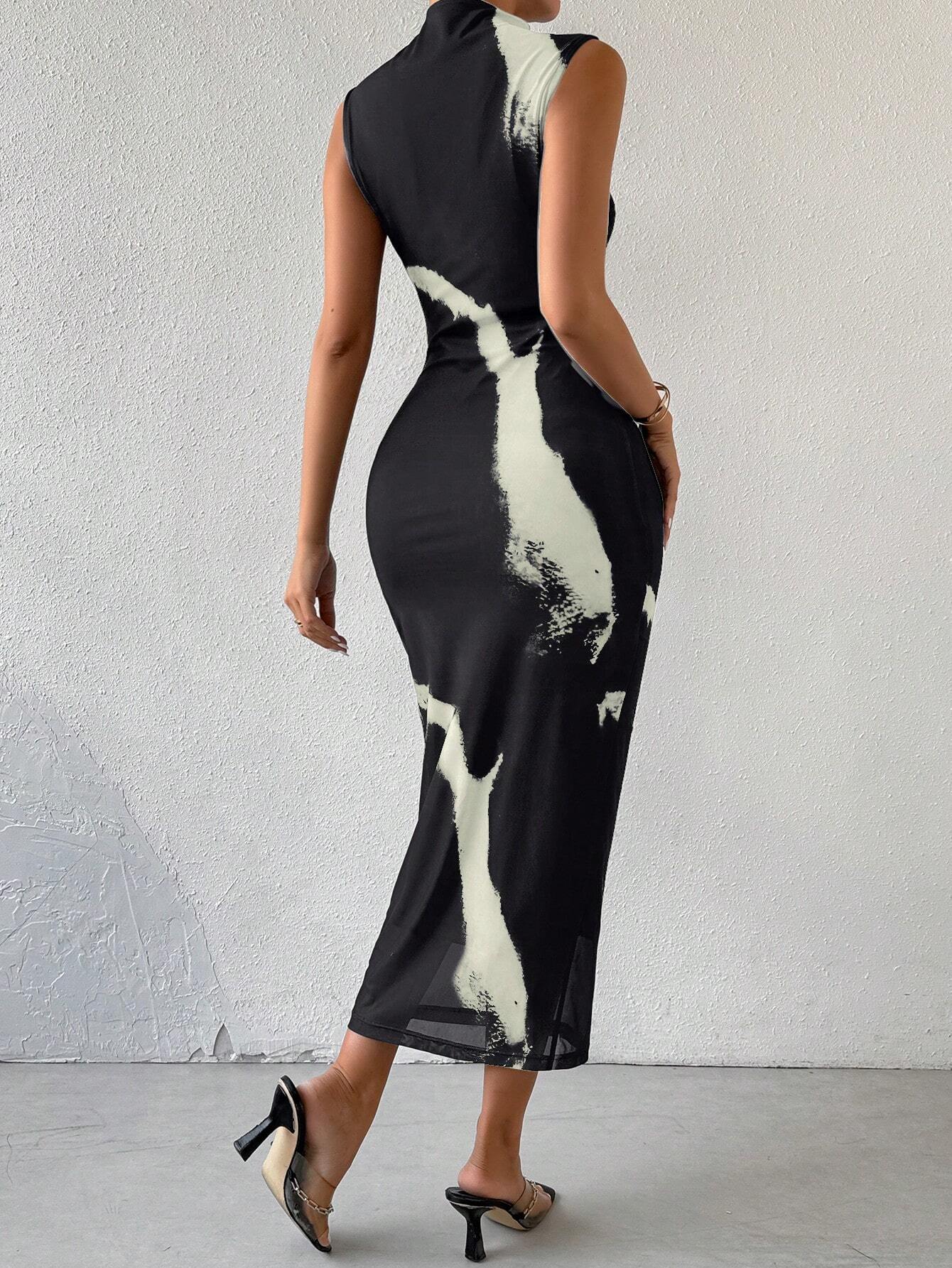 SHEIN Privé Ladies' Summer Tie-Dye Printed Mesh Sleeveless Dress