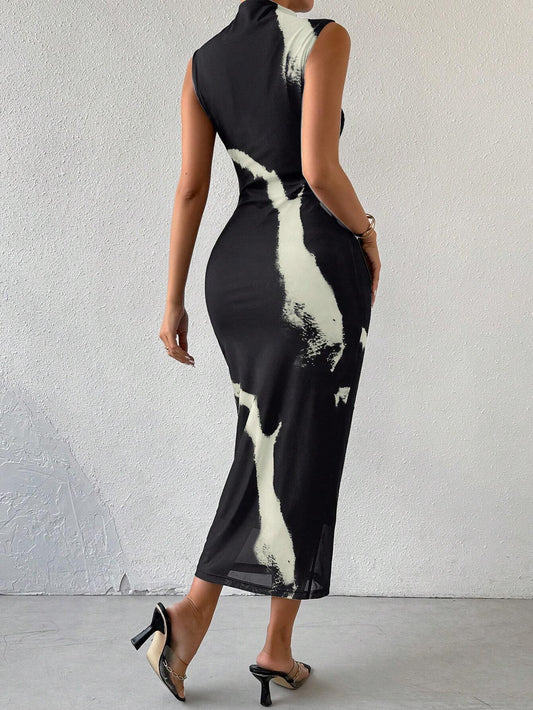 SHEIN Privé Ladies' Summer Tie-Dye Printed Mesh Sleeveless Dress