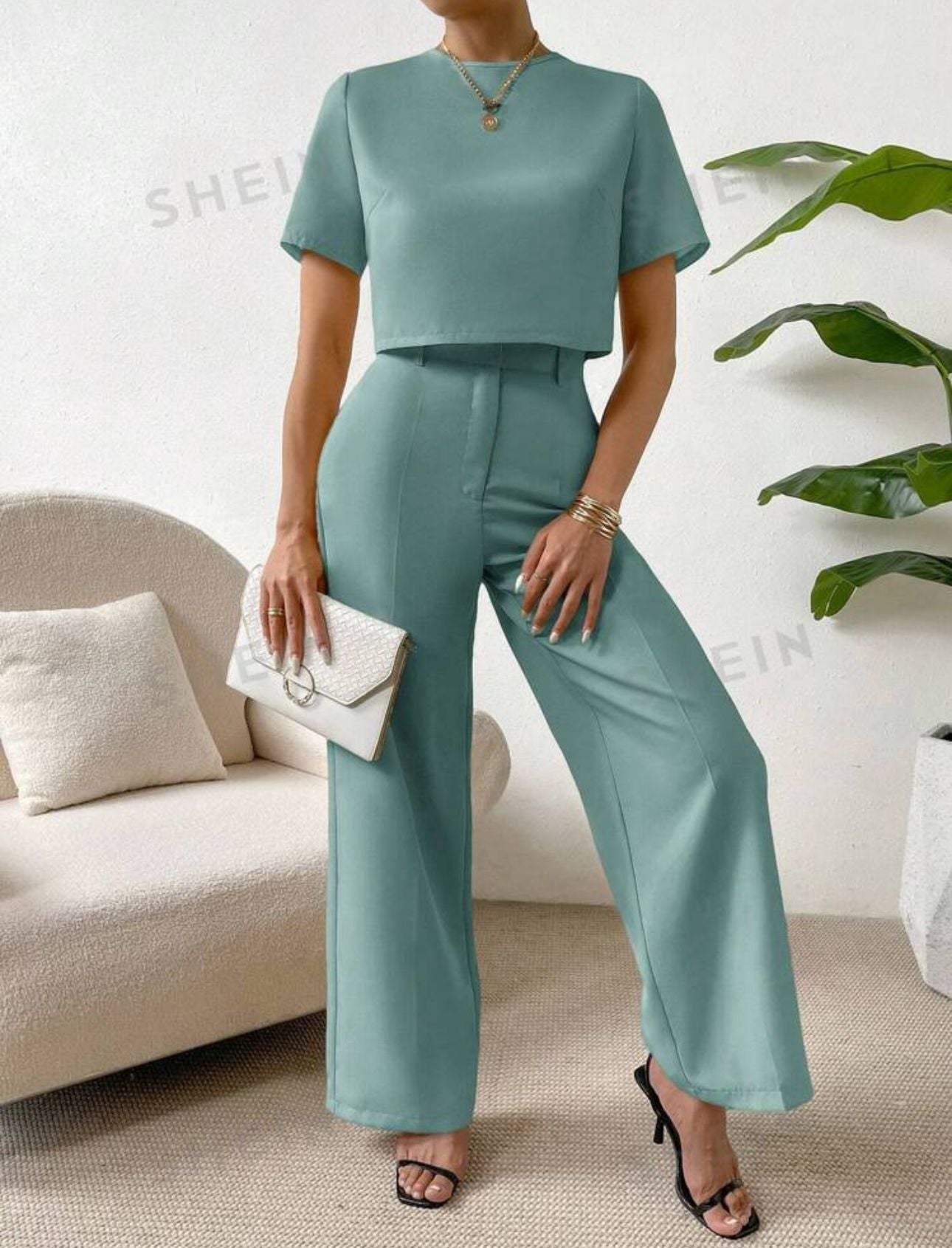 SHEIN Essnce Solid Top & Wide Leg Pants