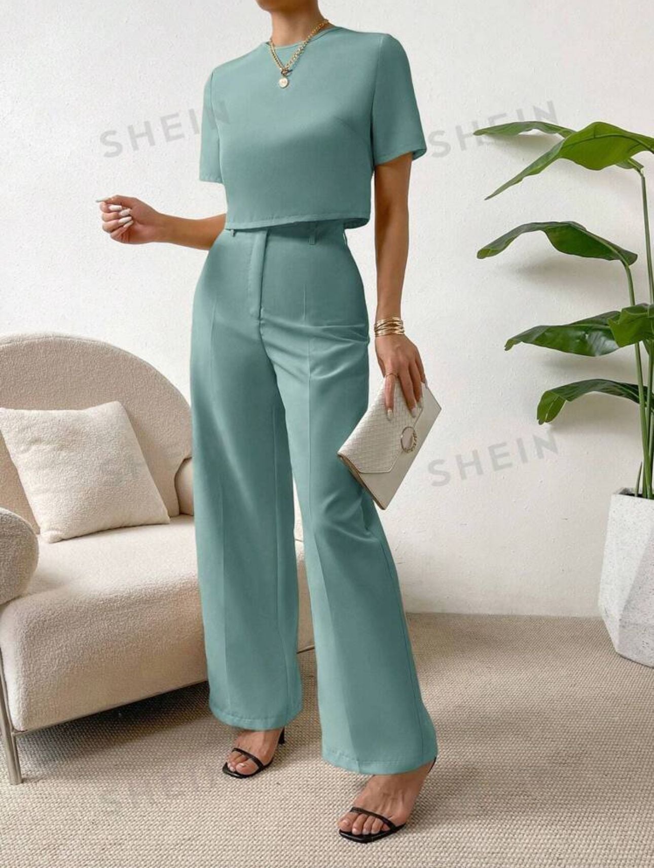 SHEIN Essnce Solid Top & Wide Leg Pants