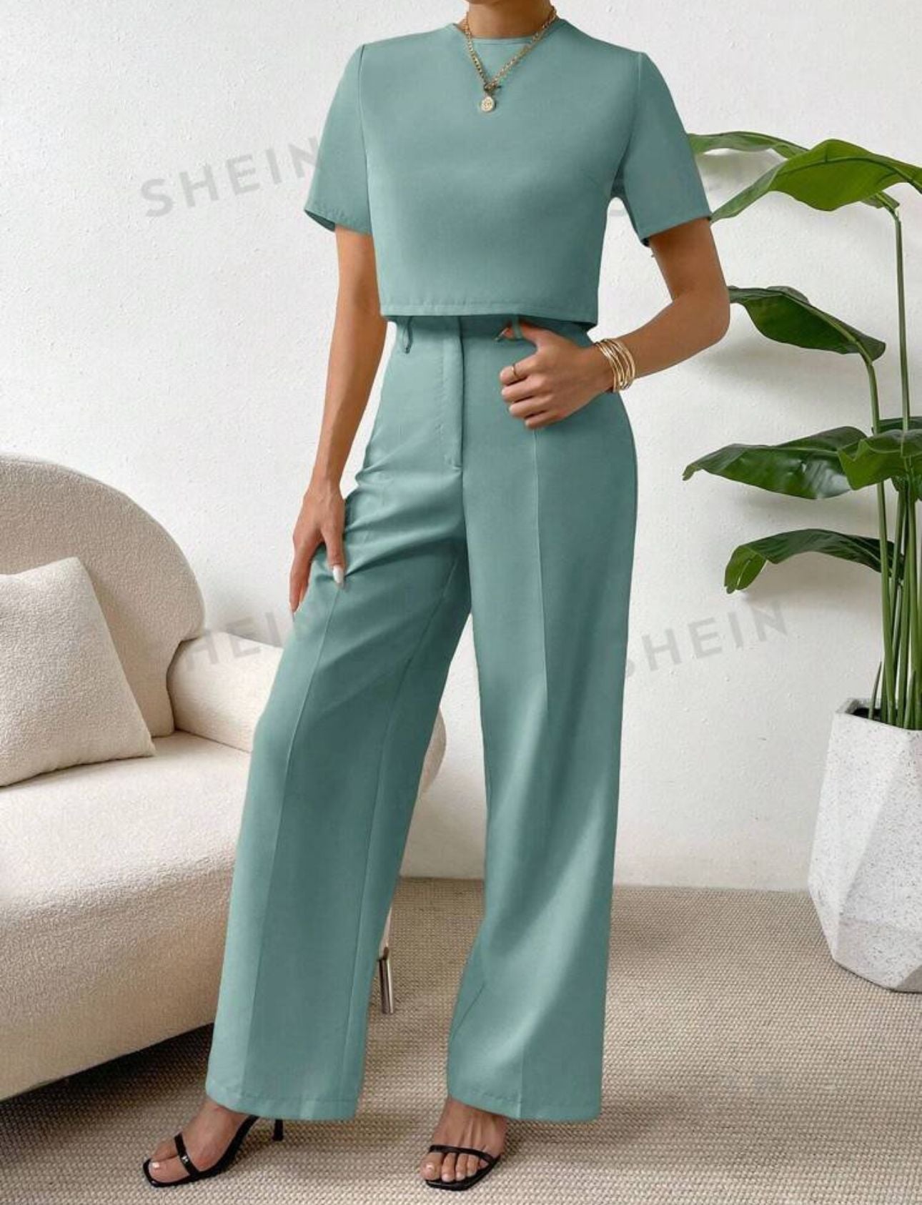 SHEIN Essnce Solid Top & Wide Leg Pants