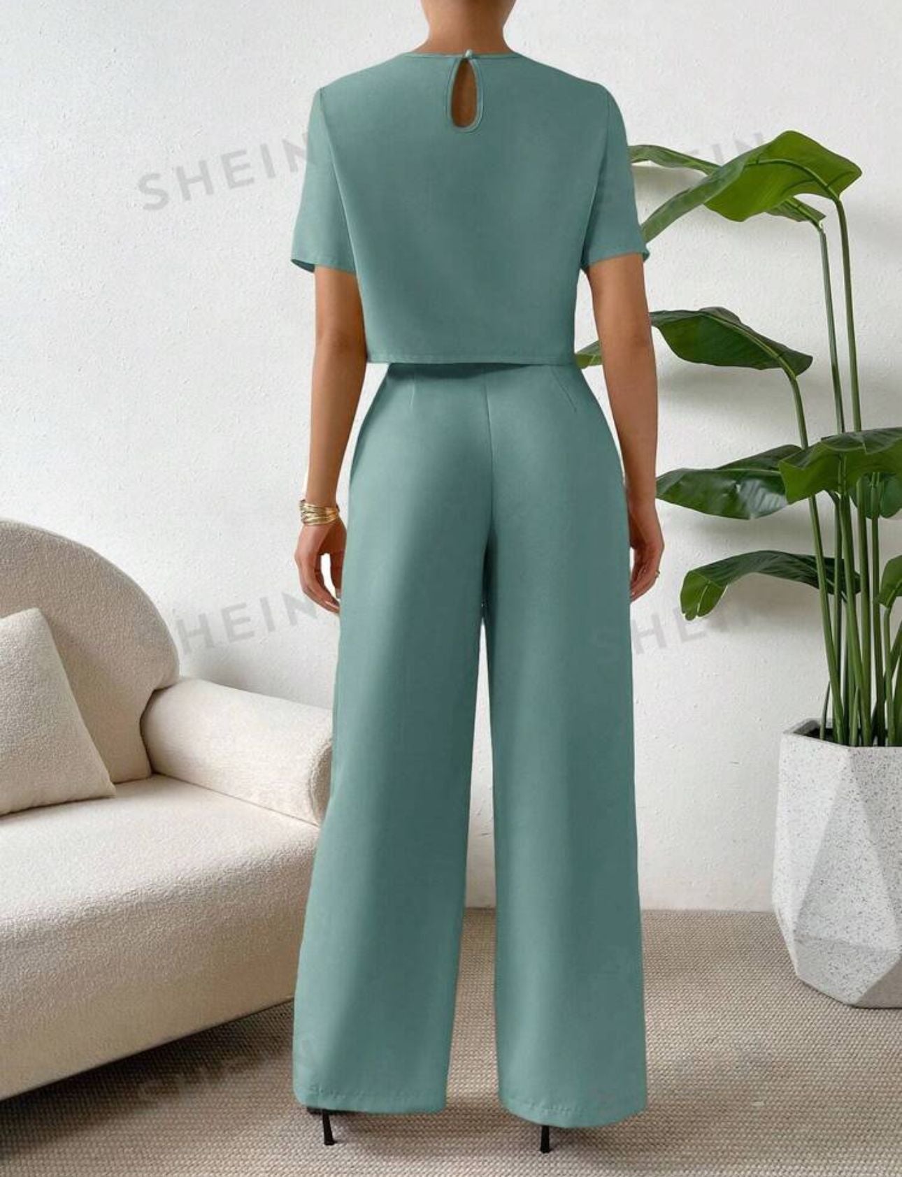 SHEIN Essnce Solid Top & Wide Leg Pants