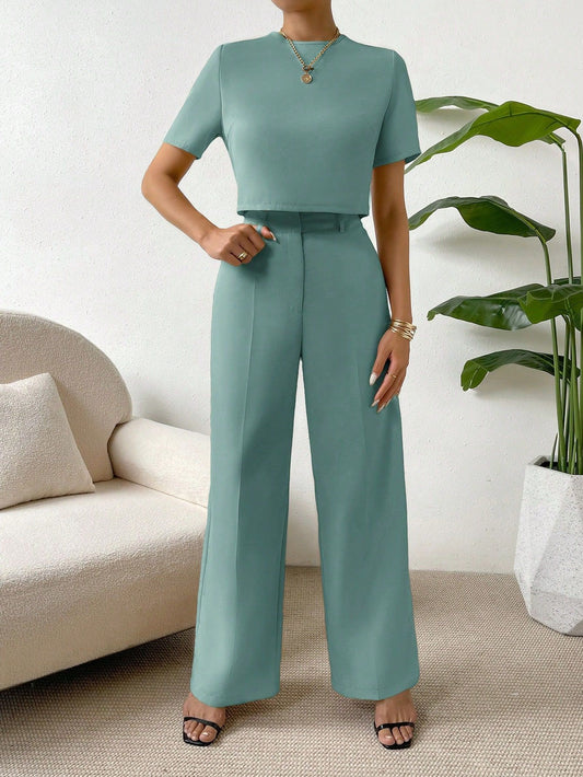 SHEIN Essnce Solid Top & Wide Leg Pants