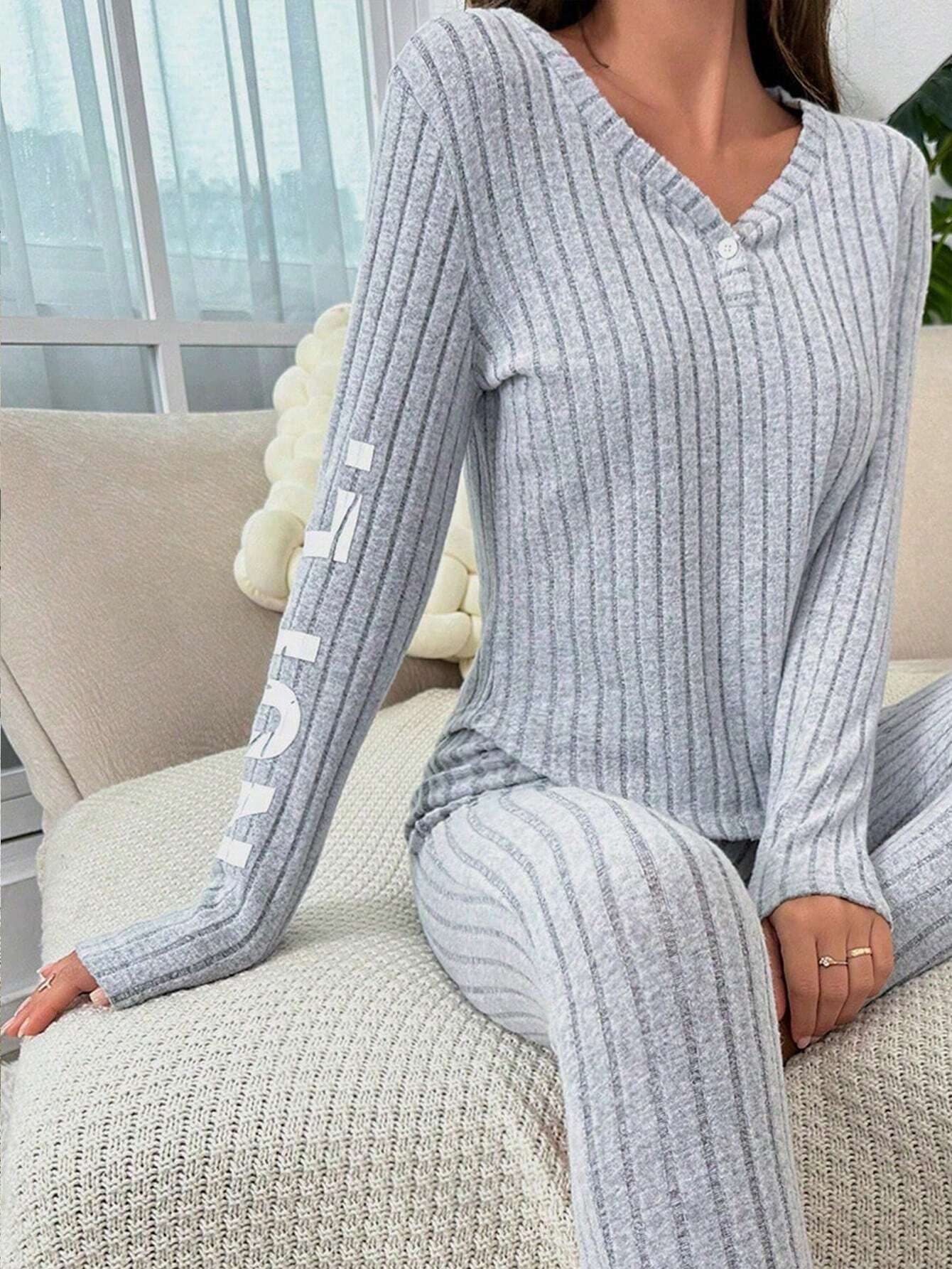 Women's Letter Printed Knit Ribbed Long Sleeve Lounge Top