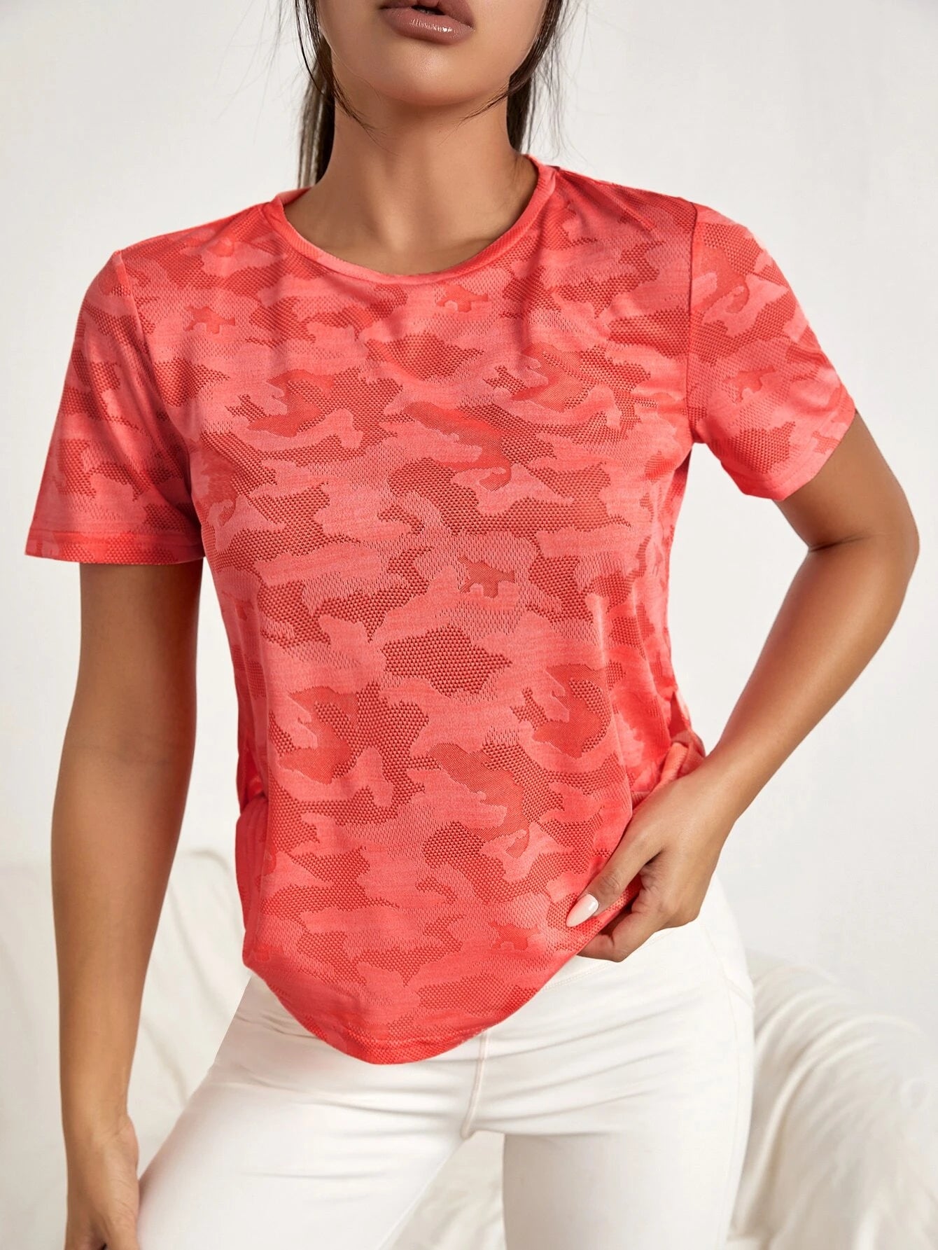 Yoga Basic Camo Pattern Twist Hem Sports Tee Gym Wear
