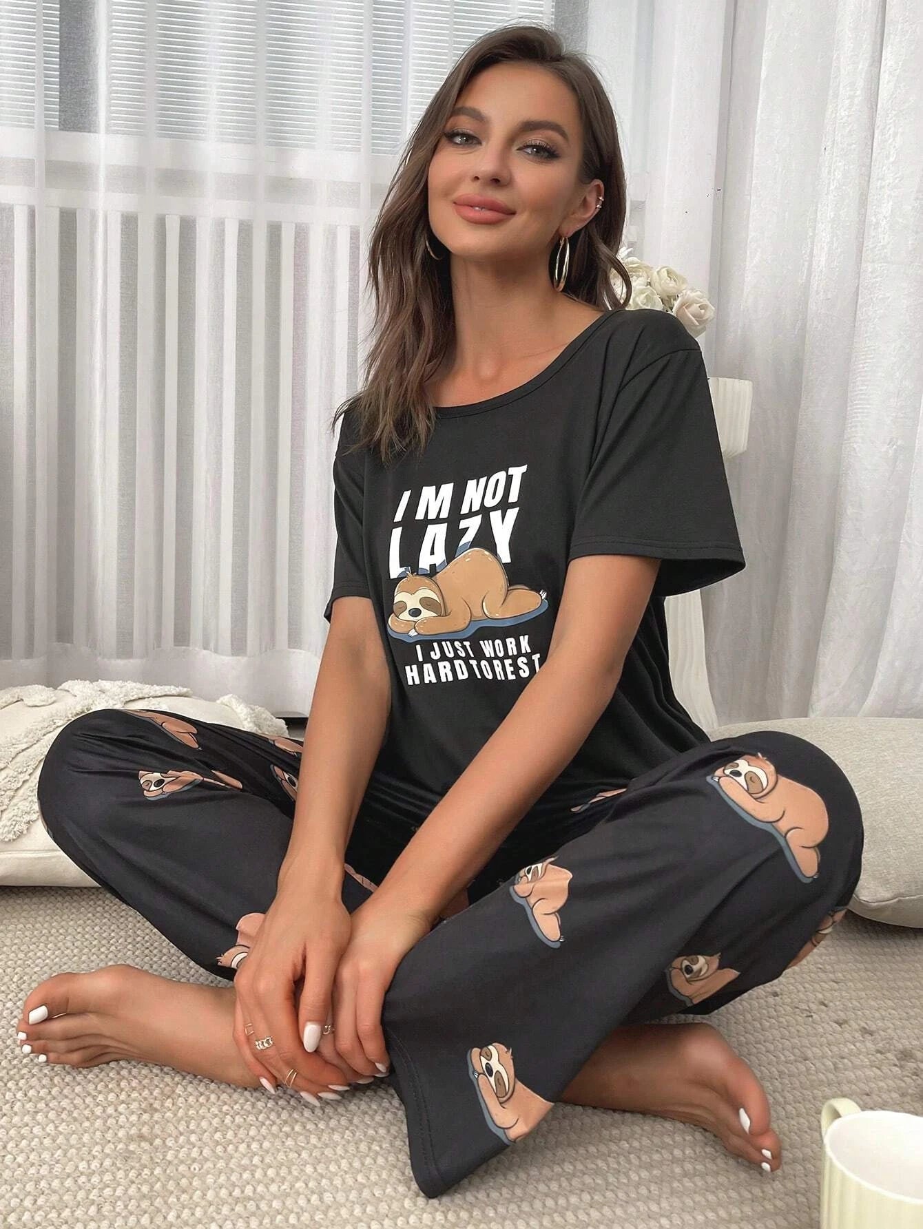 Slogan & Cartoon Graphic PJ Set / Pajama Set Shein Loungewear