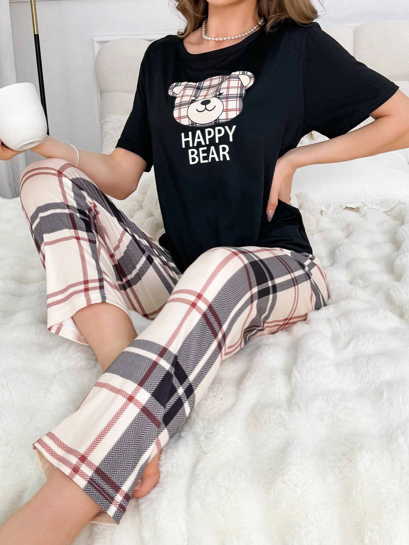 Cartoon & Letter Printed Short Sleeve T-Shirt And Plaid Pants Pajama Set Lounge Wear Shein