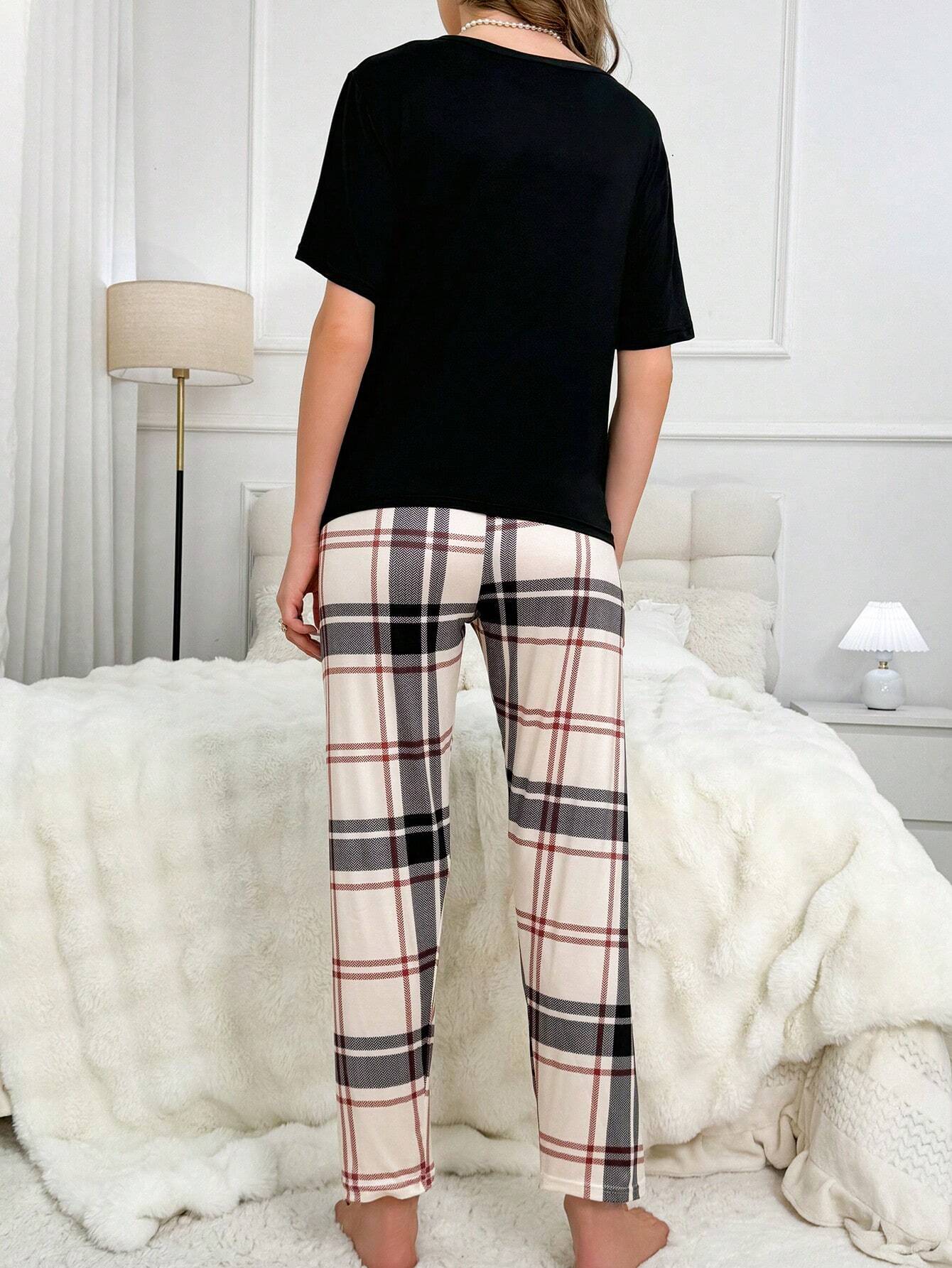 Cartoon & Letter Printed Short Sleeve T-Shirt And Plaid Pants Pajama Set Lounge Wear Shein