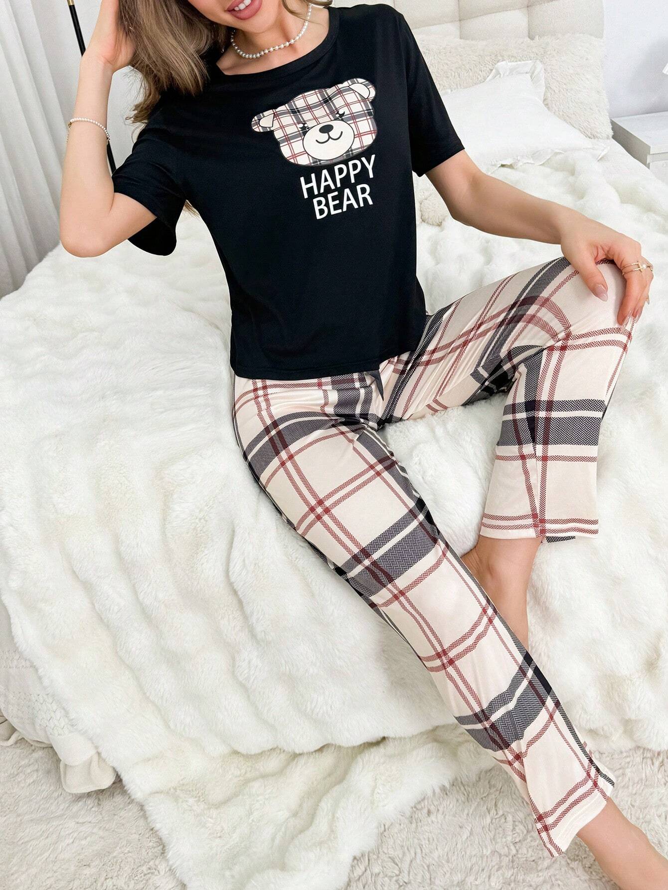 Cartoon & Letter Printed Short Sleeve T-Shirt And Plaid Pants Pajama Set Lounge Wear Shein