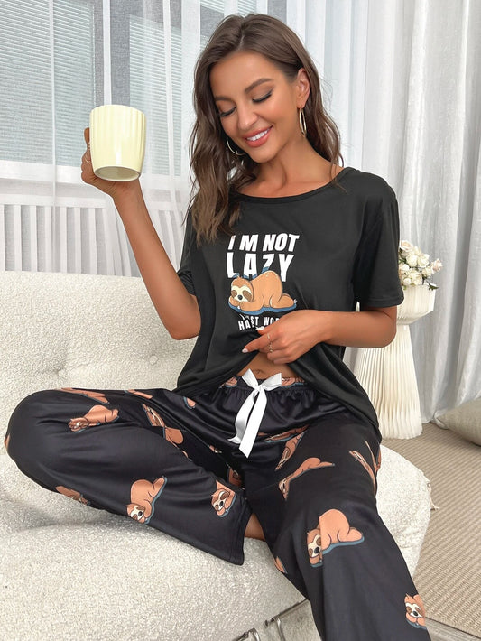 Slogan & Cartoon Graphic PJ Set / Pajama Set Shein Loungewear