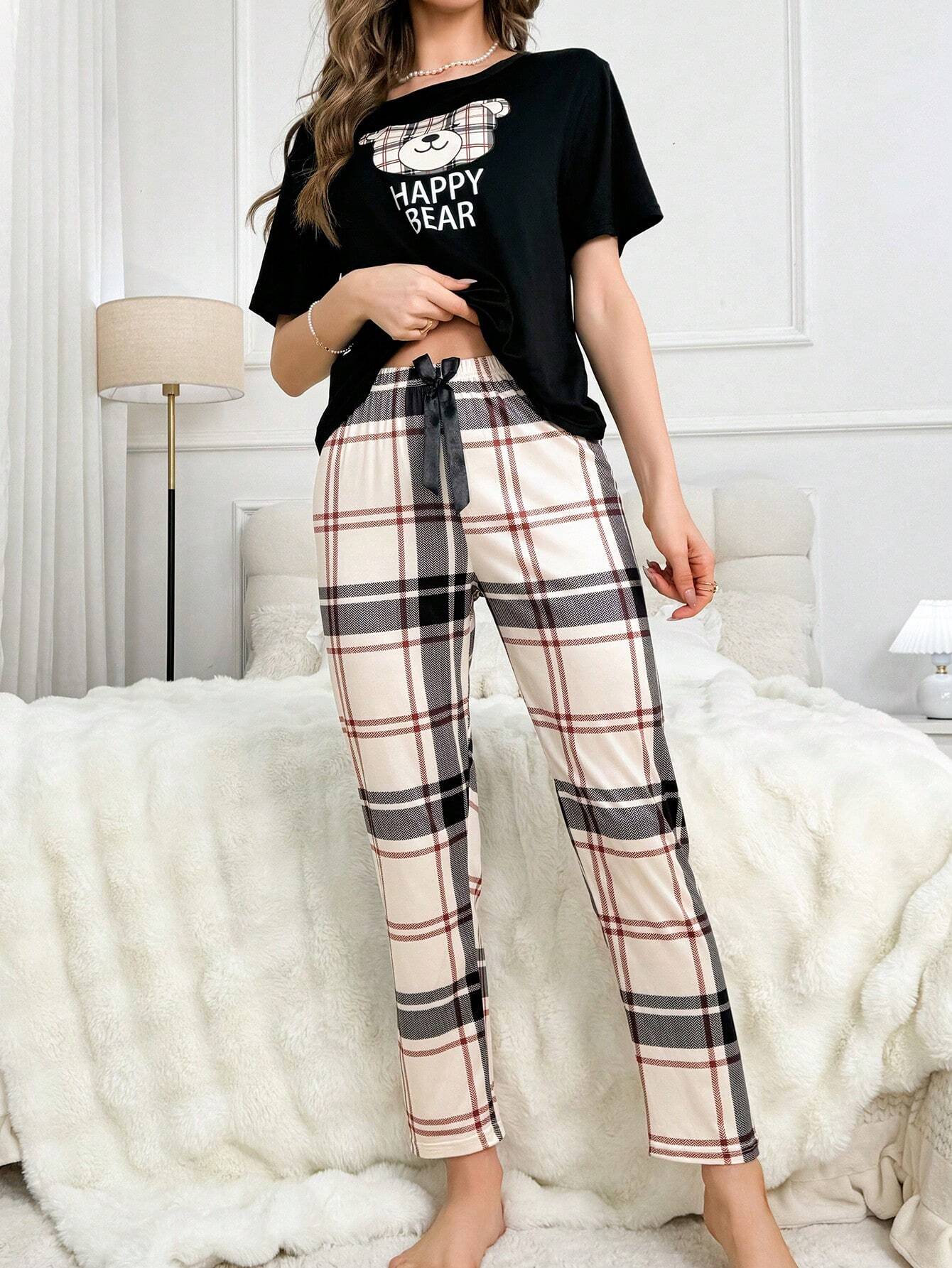 Cartoon & Letter Printed Short Sleeve T-Shirt And Plaid Pants Pajama Set Lounge Wear Shein