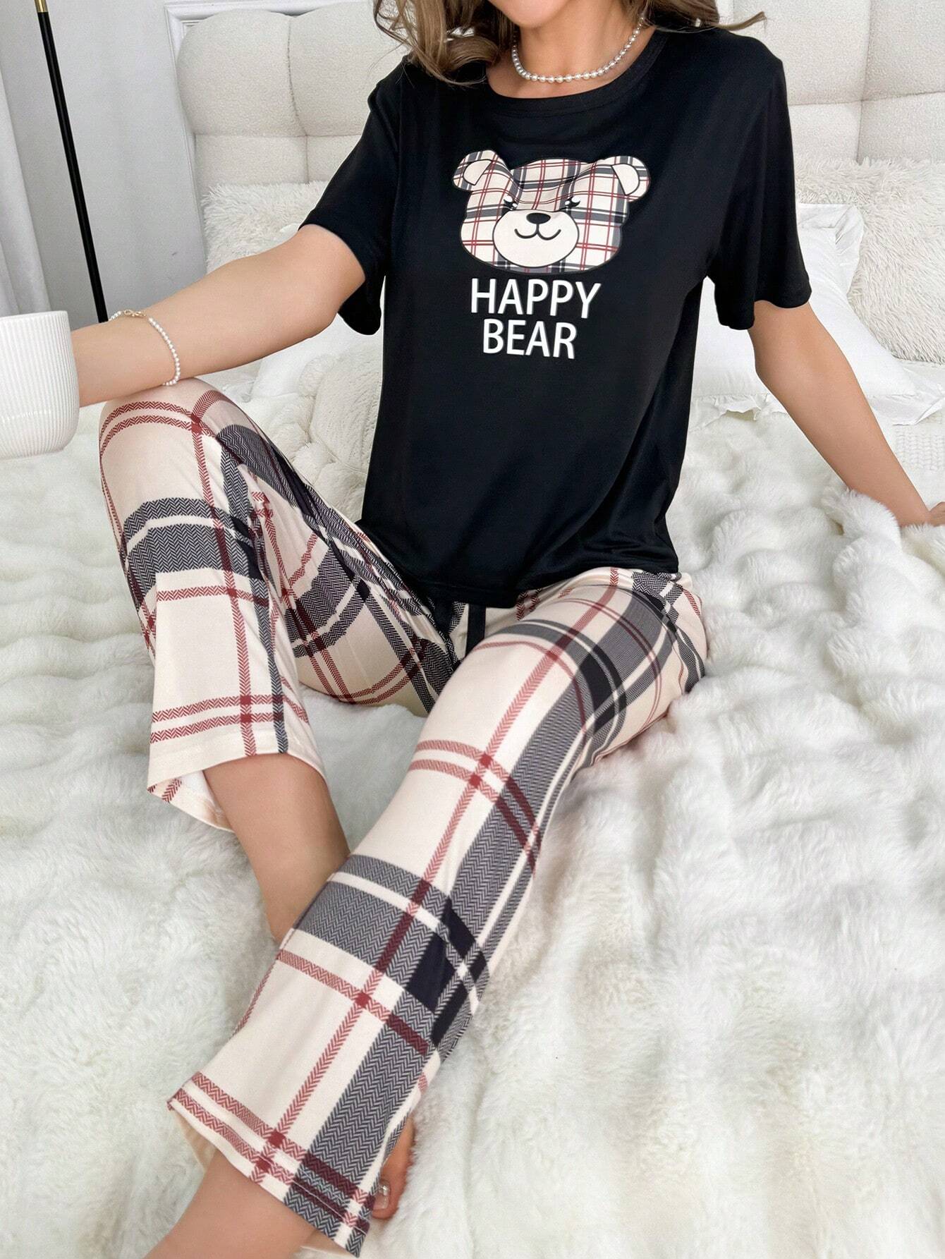 Cartoon & Letter Printed Short Sleeve T-Shirt And Plaid Pants Pajama Set Lounge Wear Shein