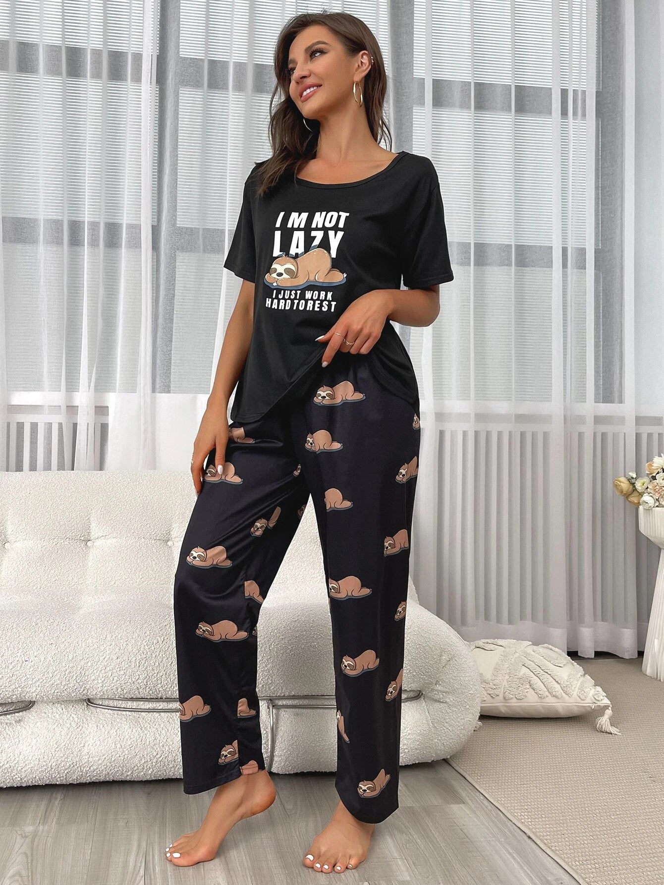 Slogan & Cartoon Graphic PJ Set / Pajama Set Shein Loungewear