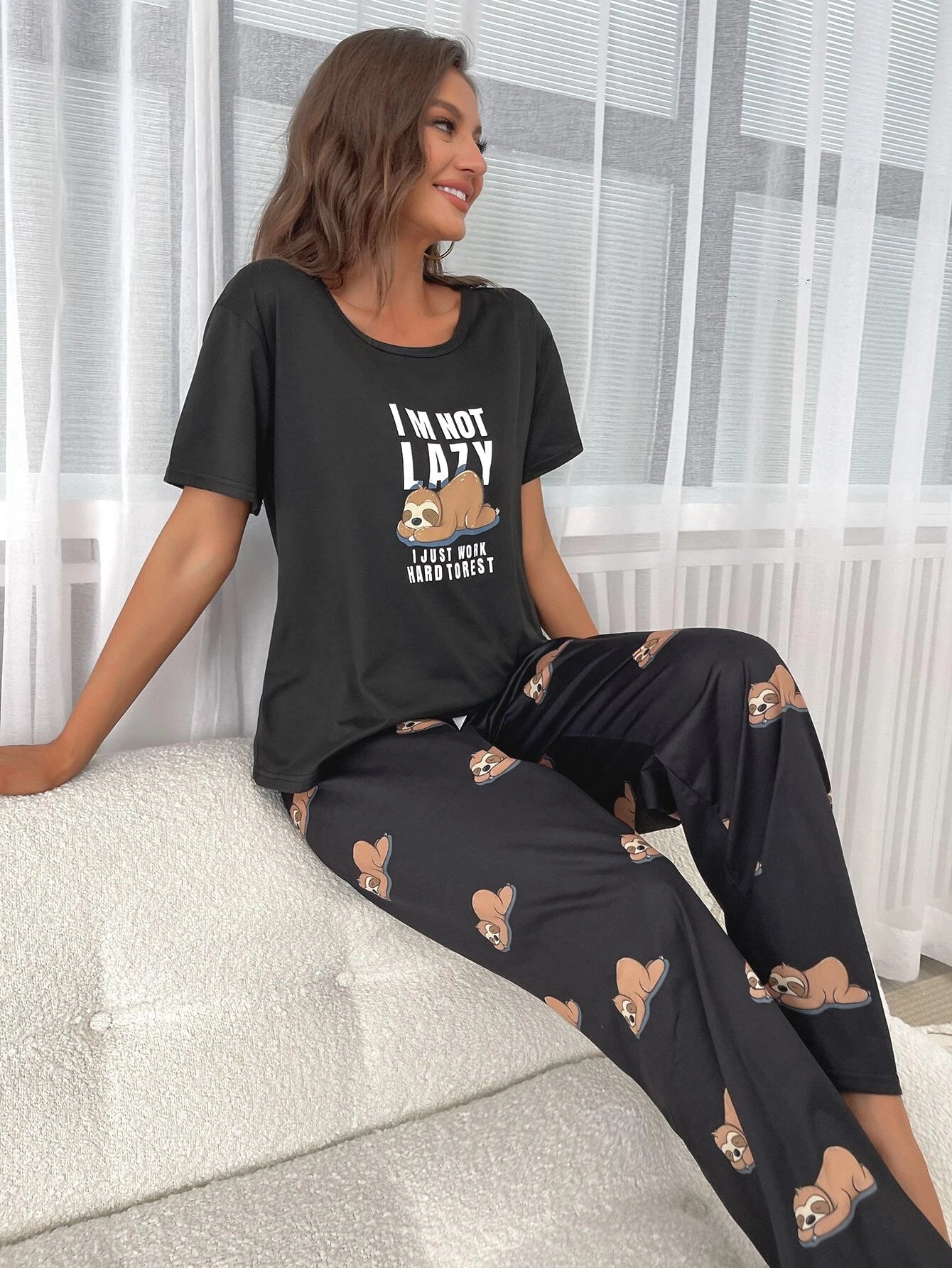 Slogan & Cartoon Graphic PJ Set / Pajama Set Shein Loungewear